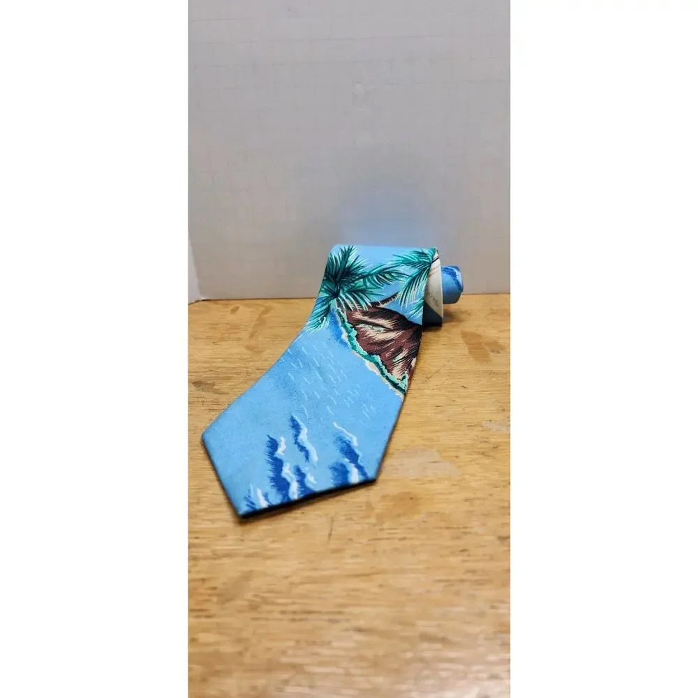Hilo Hattie Hawaiian Necktie Mens Tie Tropical Blue White Palm Tree